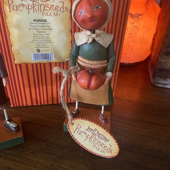 Pumpkinseeds Set of 2 Harvest Pumpkin Figurines Boy & Girl By Janell Berryman - Picture 2 of 11